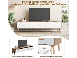 Mueble de TV con 3 cajones - 150 x 35 x 39 cm - Tablero de partículas - para salón - Blanco y madera