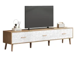 Mueble de TV con 3 cajones - 150 x 35 x 39 cm - Tablero de partículas - para salón - Blanco y madera