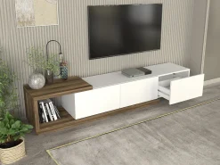 Mueble de TV con 3 cajones y 1 estante - Blanco y natural - DUKIAN