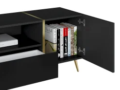 Mueble de TV con 2 puertas, 1 cajón y 1 estante - Negro brillante y dorado - MARZIALO