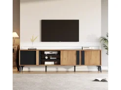 Mueble de TV con 3 puertas y 3 nichos abiertos - 180 x 40 x 50 cm - Tablero de partículas - Marrón y negro