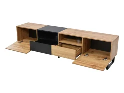 Mueble de TV con 2 puertas, 2 cajones y 2 nichos - aspecto madera - madera MDF y metal dorado - colores: roble y negro