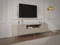 Mueble de TV con 2 puertas, 2 cajones y 2 nichos en MDF y acero - Beige y dorado - YESINIA
