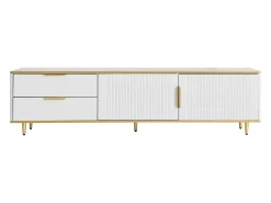 Mueble de TV con 2 puertas y 2 cajones - Tiradores y patas dorados - Blanco