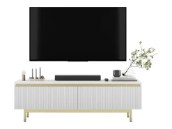 Mueble de TV con 2 puertas - Cuerpo Blanco mate, frentes ranurados Blanco mate - Estructura de metal dorado, 140 cm