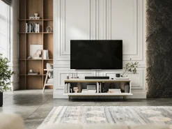 Mueble de TV con 2 puertas - Cuerpo Blanco mate, frentes ranurados Blanco mate - Estructura de metal dorado, 140 cm