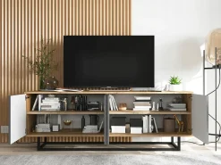 Mueble de TV con 4 puertas - cuerpo roble wotan, frentes grafito mate - 150 cm, estructura metálica