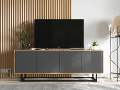 Mueble de TV con 4 puertas - cuerpo roble wotan, frentes grafito mate - 150 cm, estructura metálica
