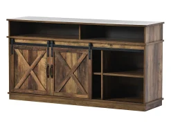 Mueble de TV con 2 puertas correderas y 2 cajones - Blanco y madera