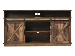 Mueble de TV con 2 puertas correderas y 2 cajones - Blanco y madera
