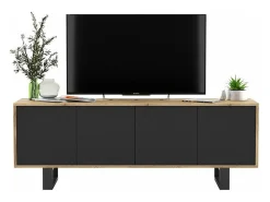 Mueble de TV con 4 puertas - estructura roble wotan frentes negro mate - 150 cm, patas metálicas