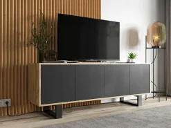 Mueble de TV con 4 puertas - estructura roble wotan frentes negro mate - 150 cm, patas metálicas