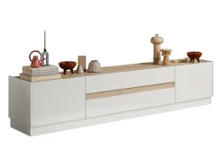 Mueble de TV con 2 puertas y 2 cajones - Blanco y Natural - EMORA