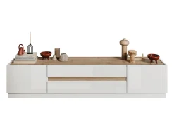 Mueble de TV con 2 puertas y 2 cajones - Blanco y Natural - EMORA