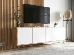 Mueble de TV con 4 puertas - cuerpo roble wotan frentes blanco mate - 150 cm
