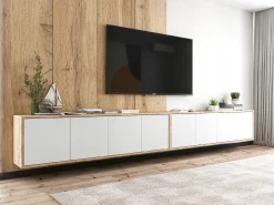 Mueble de TV con 4 puertas - cuerpo roble wotan frentes blanco mate - 150 cm