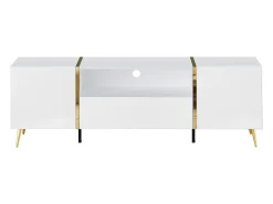 Mueble de TV con 2 puertas, 1 cajón y 1 estante - Blanco brillo y dorado - MARZIALO