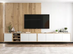 Mueble de TV con 7 puertas y 1 hueco - estructura roble wotan frentes blanco mate - 300 cm