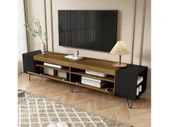 Mueble de TV con 2 puertas y nichos laterales - 180 x 36 x 43 cm - LED - MDF y tablero de partículas - Negro + natural