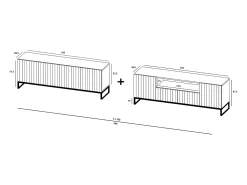 Mueble de TV con 7 puertas y hueco abierto – estructura Azul marino mate, frentes acanalados Azul marino mate – 300 cm, marco de metal