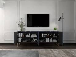 Mueble de TV con 7 puertas y hueco abierto – estructura Azul marino mate, frentes acanalados Azul marino mate – 300 cm, marco de metal