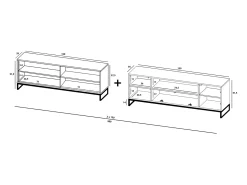 Mueble de TV con 7 puertas y hueco abierto – estructura Azul marino mate, frentes acanalados Azul marino mate – 300 cm, marco de metal