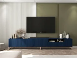 Mueble de TV con 7 puertas y hueco abierto – estructura Azul marino mate, frentes acanalados Azul marino mate – 300 cm, marco de metal