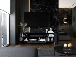 Mueble de TV con 7 puertas y hueco abierto – estructura Azul marino mate, frentes acanalados Azul marino mate – 300 cm, marco de metal