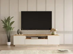Mueble de TV con 3 puertas y 1 estante - Beige y natural - LOTULA