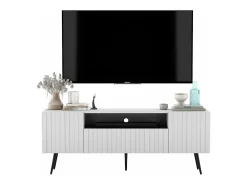 Mueble de TV con 3 puertas y hueco – Cuerpo blanco mate, frentes acanalados blanco mate – 150 cm, patas negras