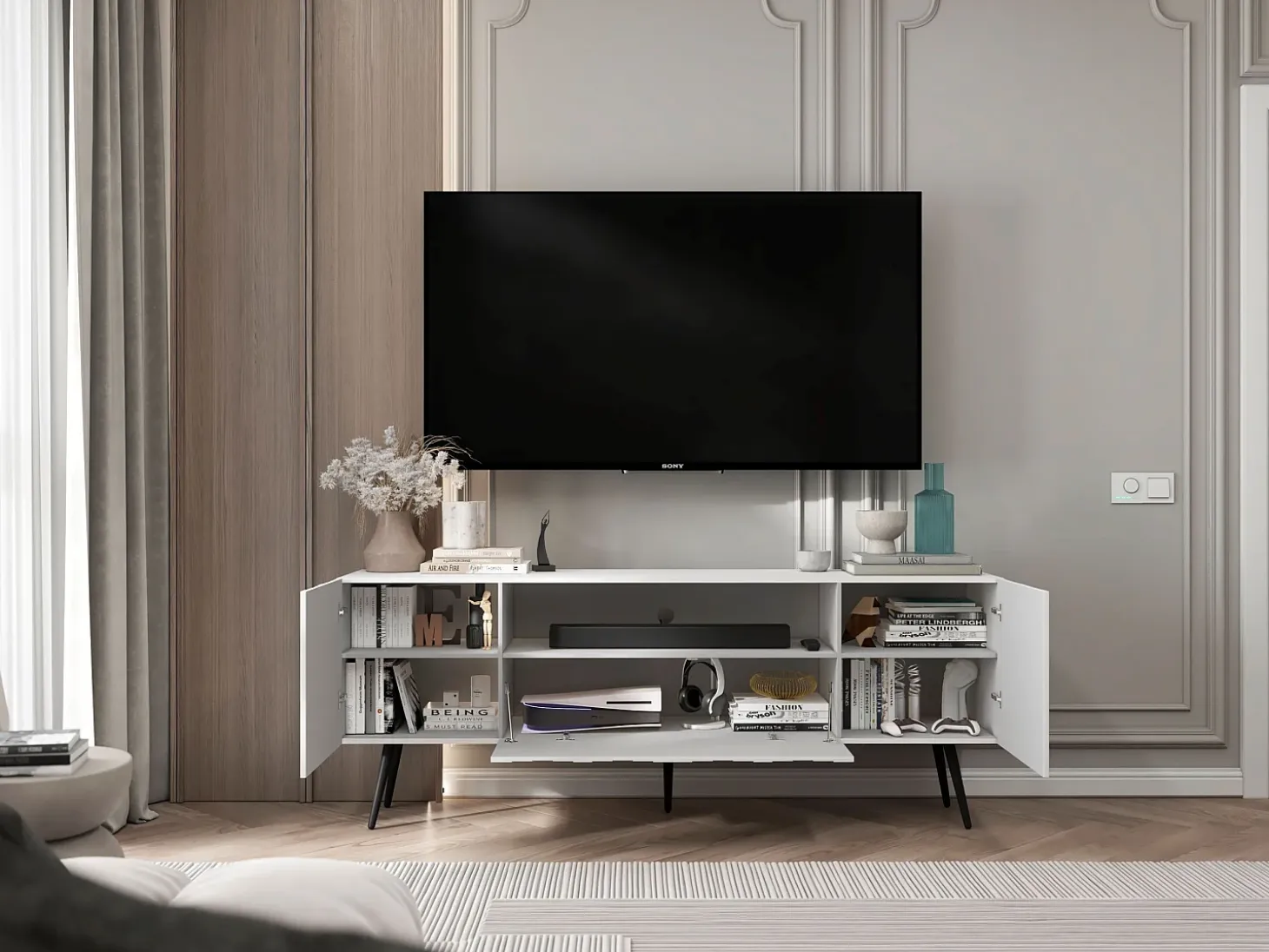 Mueble de TV con 3 puertas y hueco – Cuerpo blanco mate, frentes acanalados blanco mate – 150 cm, patas negras