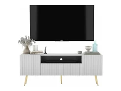 Mueble de TV con 3 puertas y hueco – Cuerpo blanco mate, frentes acanalados blanco mate – 150 cm, patas negras
