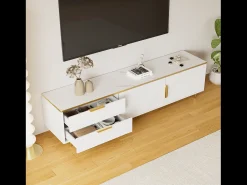 Mueble de TV con almacenaje, 2 puertas y 2 cajones, mueble de TV bajo, patas y tiradores dorados, color blanco