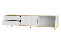 Mueble de TV con almacenaje, 2 puertas y 2 cajones, mueble de TV bajo, patas y tiradores dorados, color blanco