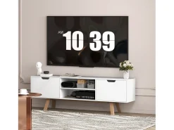 Mueble de TV con base de madera, moderno, escandinavo, 2 puertas, 2 nichos, color blanco, 150 x 39 x 50 cm