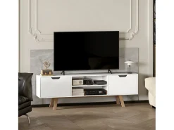Mueble de TV con base de madera, moderno, escandinavo, 2 puertas, 2 nichos, color blanco, 150 x 39 x 50 cm