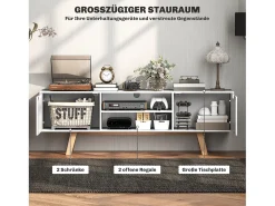 Mueble de TV con base de madera, moderno, escandinavo, 2 puertas, 2 nichos, color blanco, 150 x 39 x 50 cm
