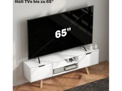 Mueble de TV con base de madera, moderno, escandinavo, 2 puertas, 2 nichos, color blanco, 150 x 39 x 50 cm