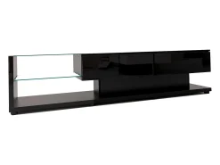 Mueble de TV con iluminación LED, 2 cajones y 2 estantes de cristal - Negro