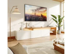 Mueble de TV con iluminación LED, mueble bajo, aparador con estante de cristal, blanco, 200 x 39 x 42 cm
