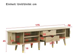 Mueble de TV con puertas correderas y 2 cajones - 175 x 38 x 45 cm - diseño único - MDF - natural claro