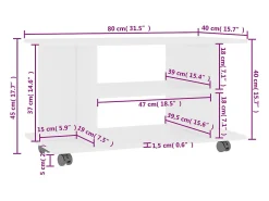 Mueble de TV con ruedas madera contrachapada blanco 80x40x40 cm