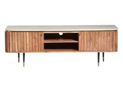 Mueble de TV contemporáneo de madera de acacia y mármol blanco Judith con almacenamiento