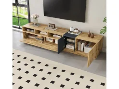 Mueble de TV de 200 cm con 3 puertas y 3 compartimentos abiertos, color natural - para salón