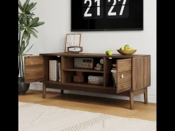 Mueble de TV de 110 cm con 2 puertas y almacenaje abierto, nogal - para salones y dormitorios