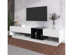 Mueble de TV de 190 cm, con 3 cajones, estantes abiertos, diseño de bloques de color, estilo moderno - Blanco