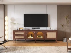 Mueble de TV de 180 cm para TV de 80" con 2 cajones de ratán, 2 puertas de cristal curvo y 1 puerta de ratán, iluminación LED, color marrón