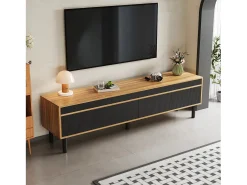 Mueble de TV de 4 puertas con patas de madera maciza para salón o dormitorio, 170 x 38 x 47 cm, color negro y natural.