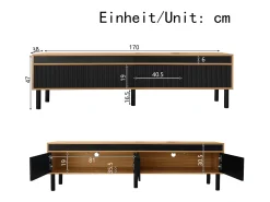 Mueble de TV de 4 puertas con patas de madera maciza para salón o dormitorio, 170 x 38 x 47 cm, color negro y natural.