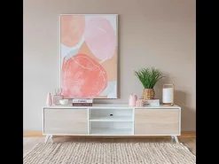 Mueble de TV de Diseño Nórdico + Modulo Alto, 2 Compartimentos de Almacenamiento y 2 Puertas,Cambrian-Blanco, 49cm(Alto) x 180cm (Ancho) x 40cm (Fondo)